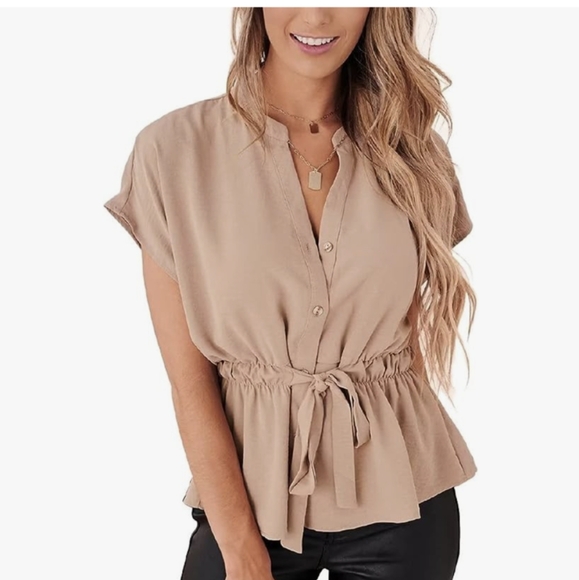 Neutral V-Neck Button Down Blouse | Dressy Casual Short Sleeve Top - Picture 1 of 10
